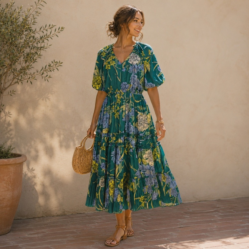 Current Air Floral Tiered Midi Dress. Medium. Green Pleated Puff Sleeve.
